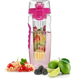 Fruit Infuser Water Bottle 32OZ Juice Shaker Sport W/ Flip Top Lid Anti-Slip Grips For Office Home Sport Running Walking Hiking (Color: Pink)